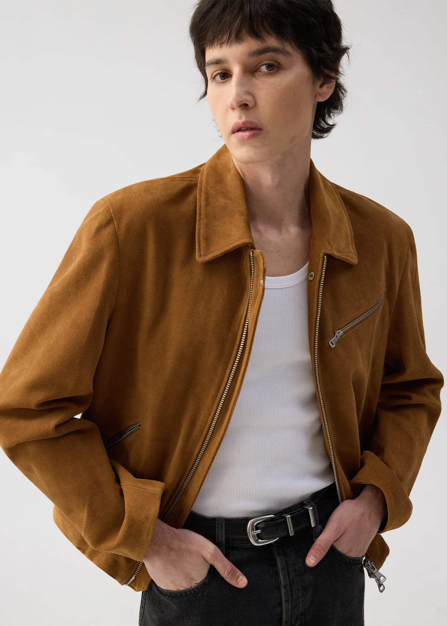 Cowhide suede zip-up leather jacket - Image 3