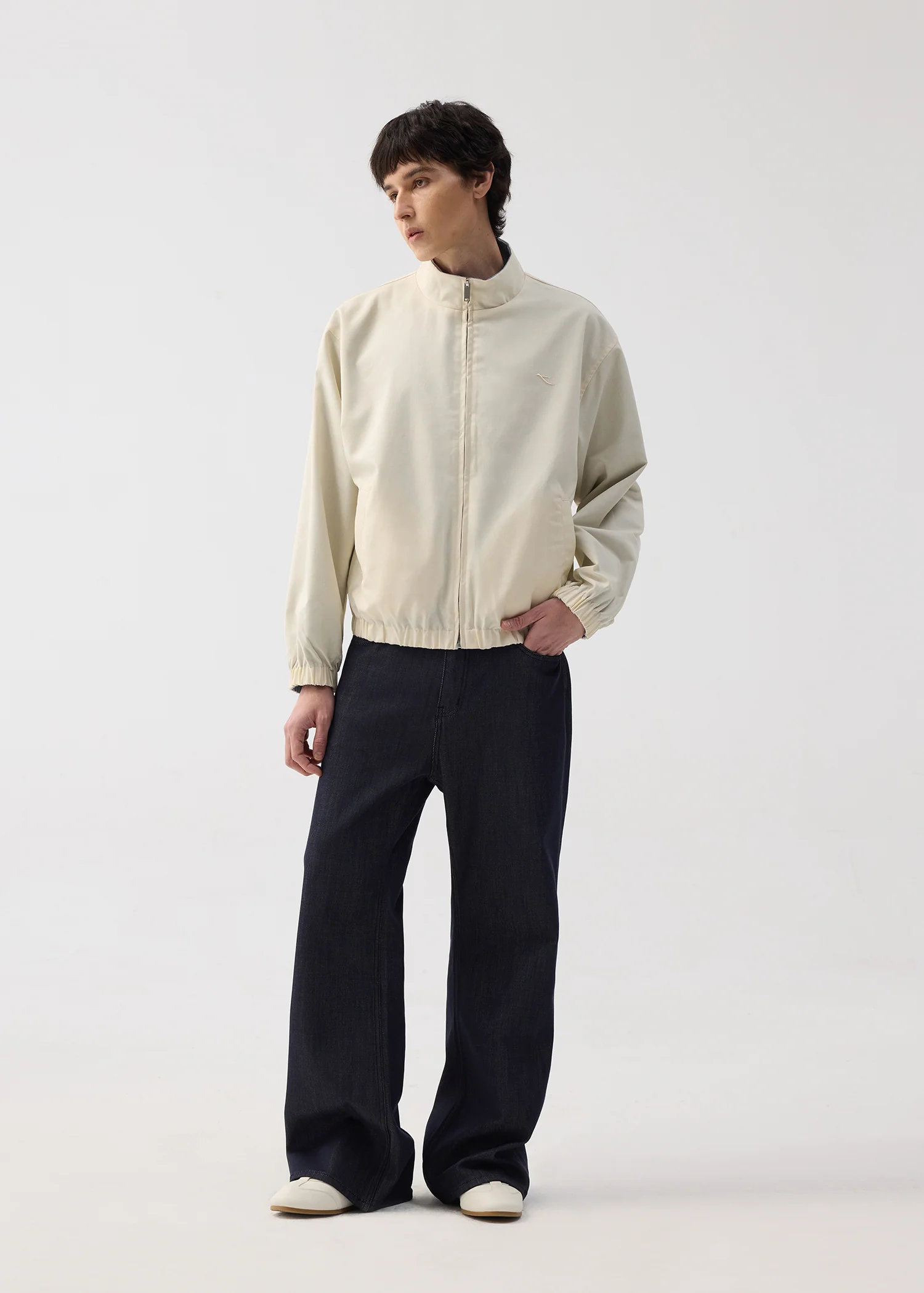 Khaki/Blue Reversible Color-block Linen-Blend High-Neck Jacket - Image 3