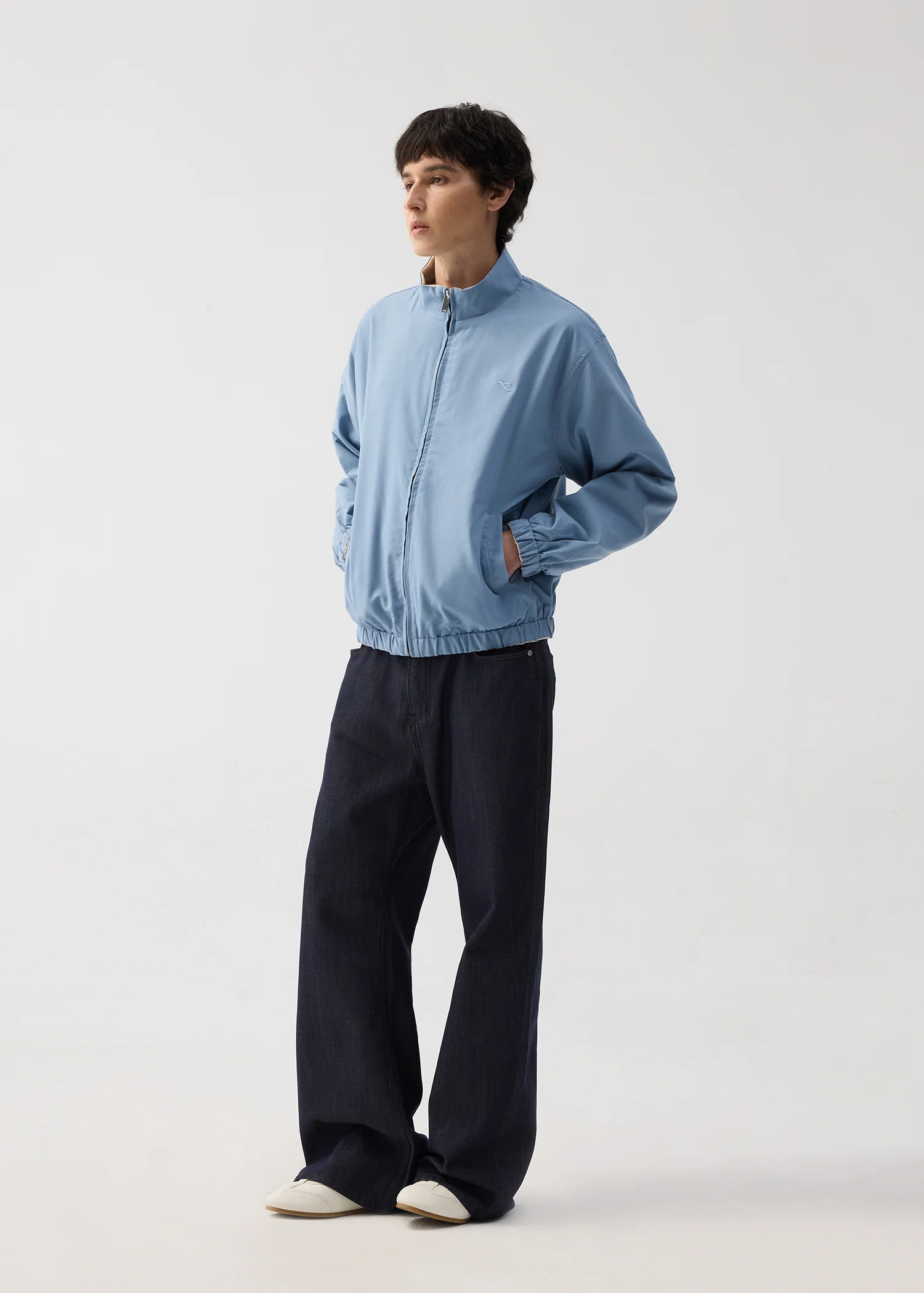 Khaki/Blue Reversible Color-block Linen-Blend High-Neck Jacket - Image 4