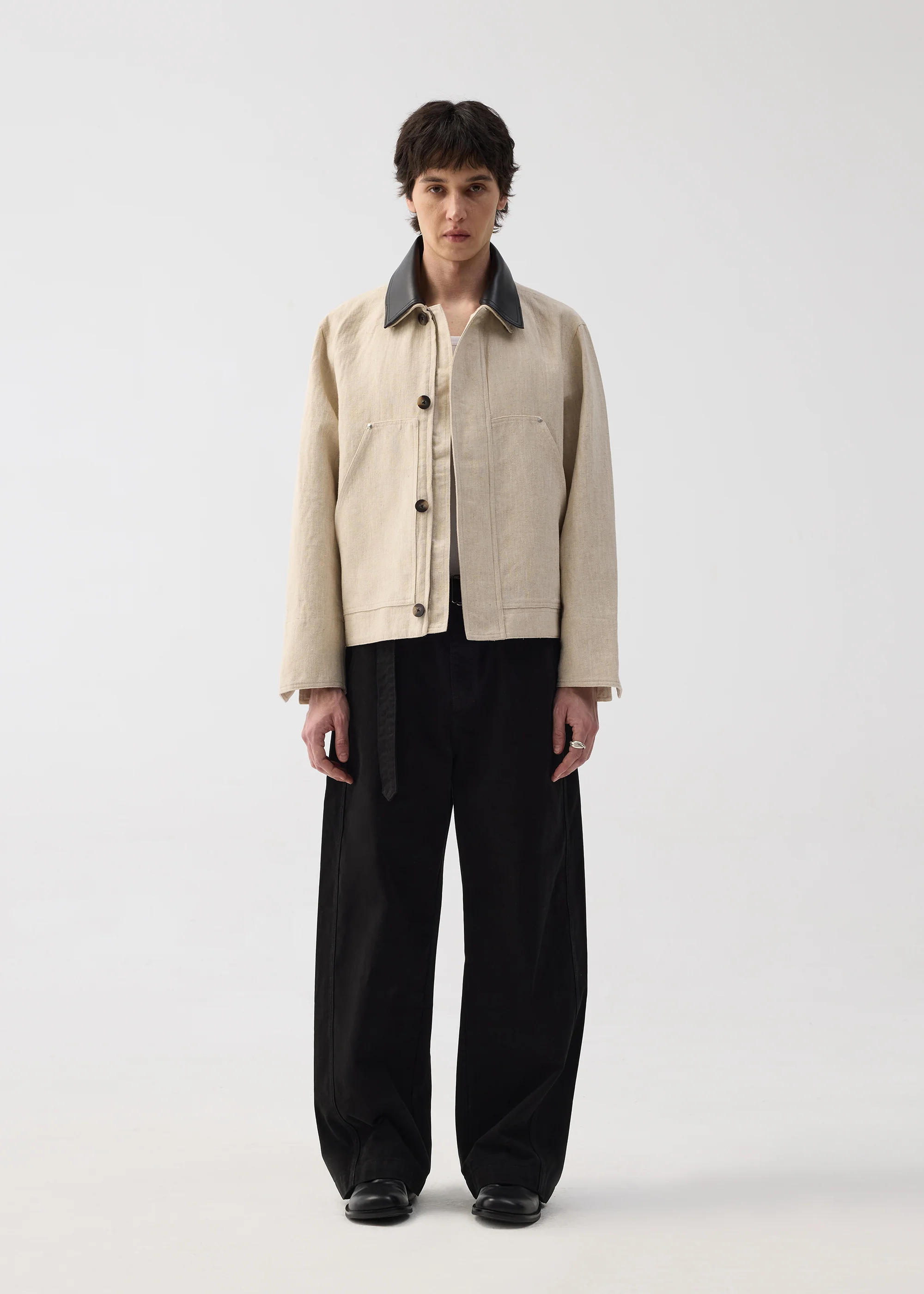 Linen Jacket with Spliced Leather Collar - Image 2