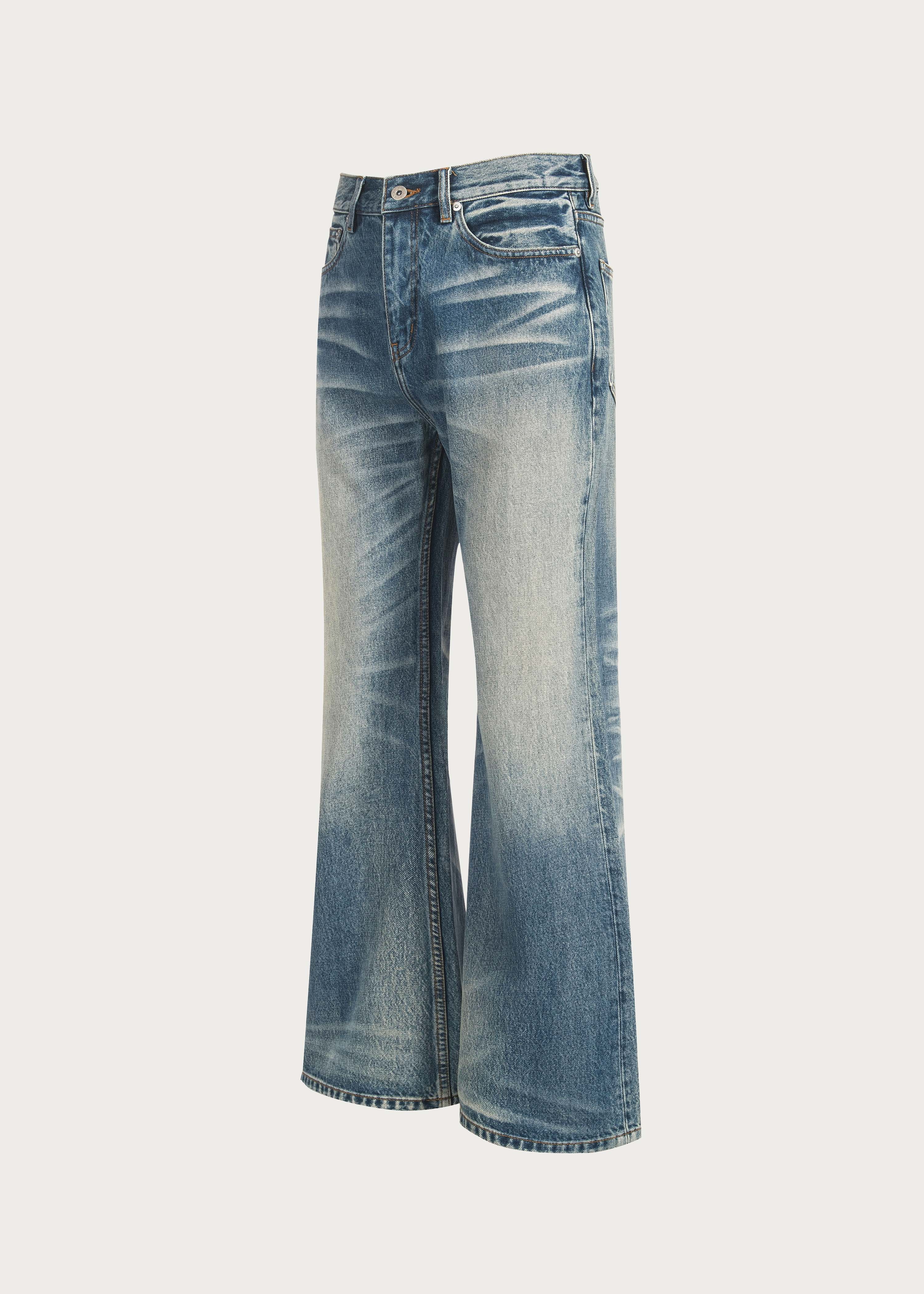 Retro Blue Light-Wash Flared Jeans with Frayed Whiskering and Distressed Finish - Image 3