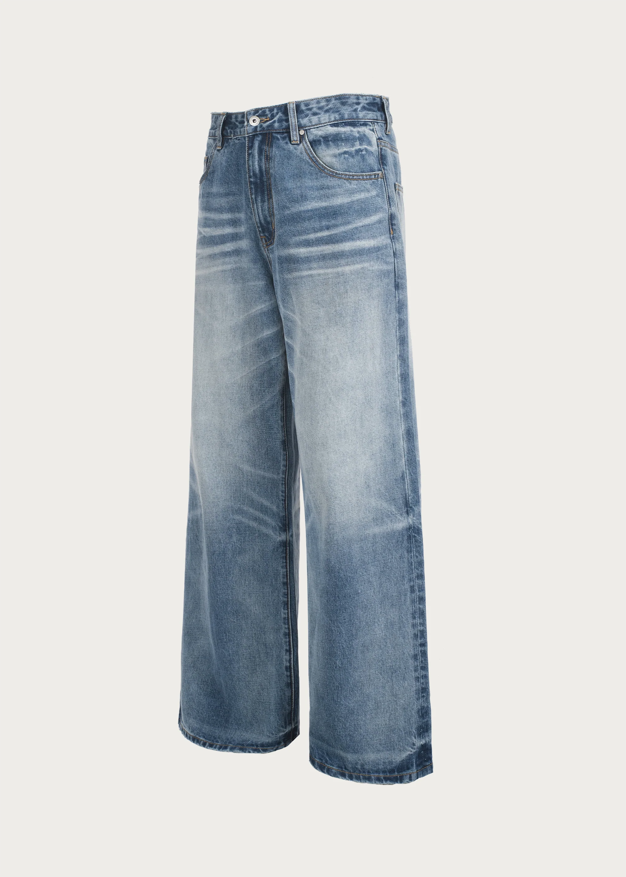 Washed Ice-Blue Straight-Leg Jeans with Whiskering - Image 2