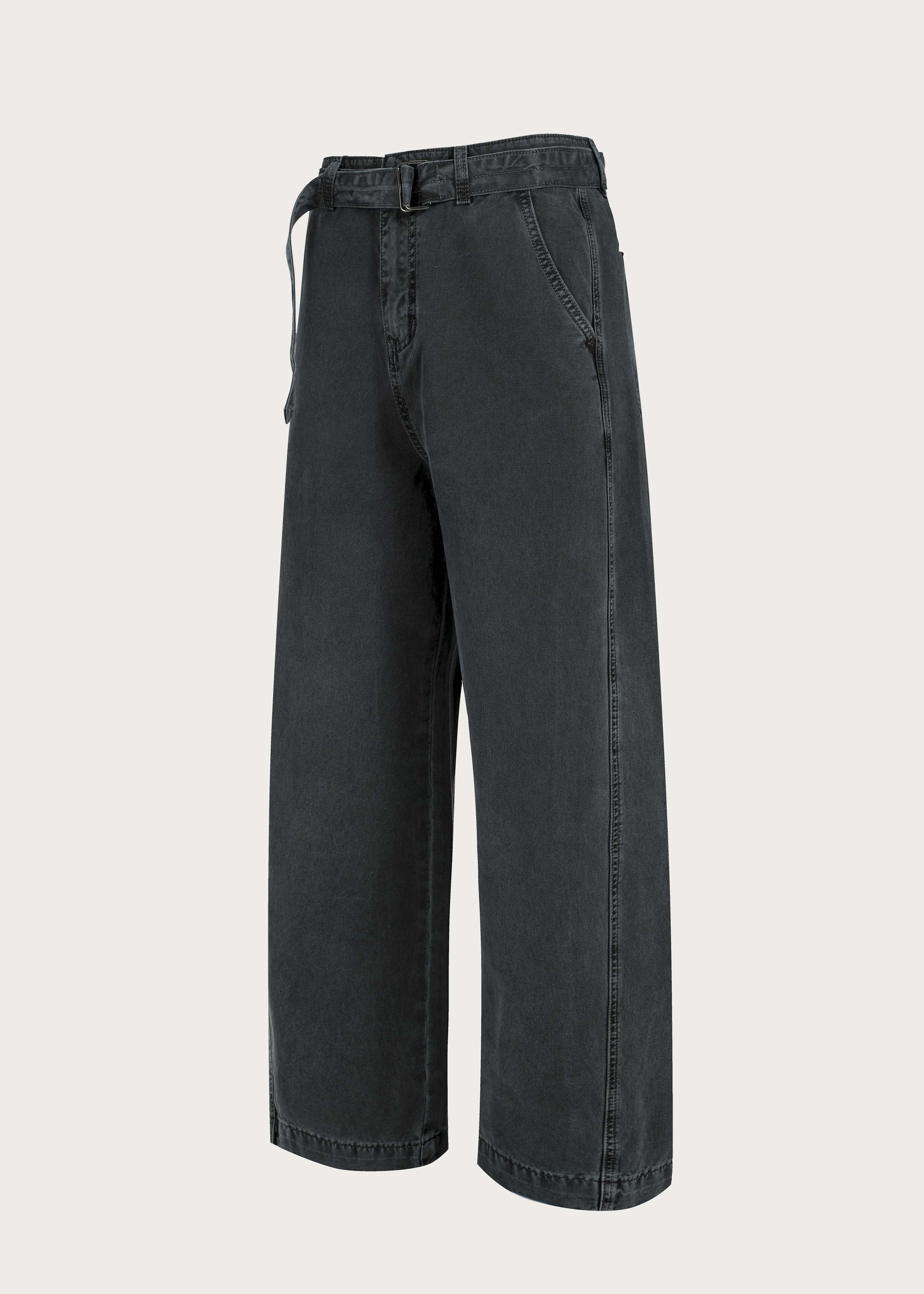 Washed Twill Denim Jeans with Belt Dark green - Image 3