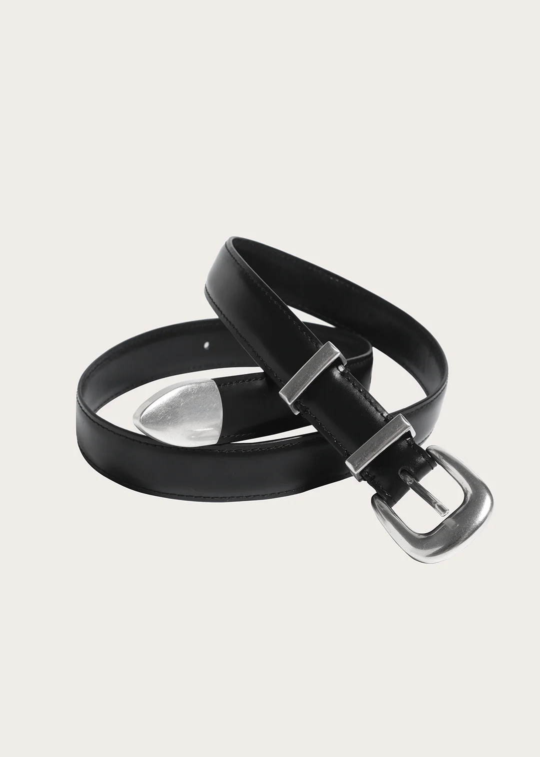 TERRA Top-grain Cowhide with Silver Buckle Narrow Belt Black - Image 4