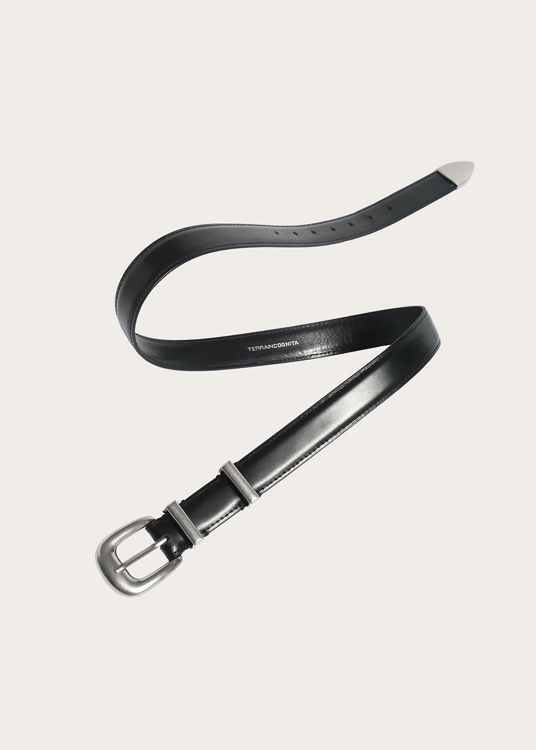 TERRA Top-grain Cowhide with Silver Buckle Narrow Belt Black - Image 5